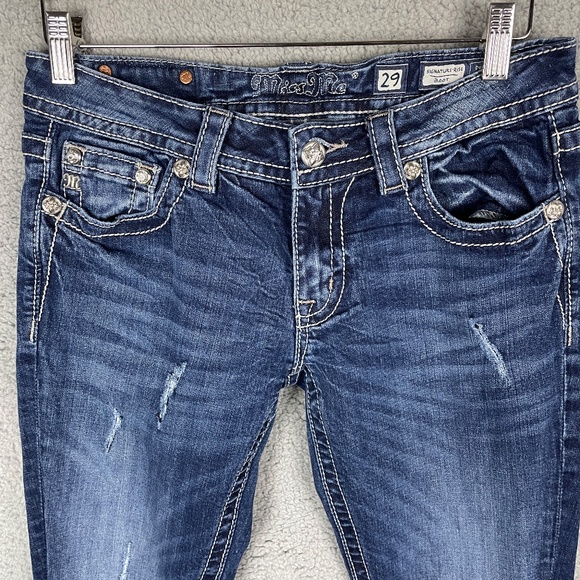 MISS ME Signature Rise Boot Cut Jeans Womens 29x33 Thick Stitch Distressed - Picture 2 of 16